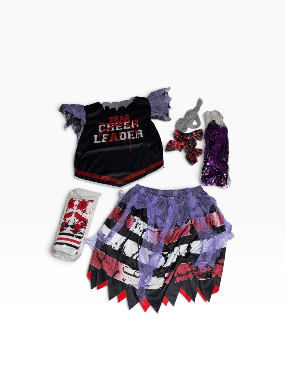 Zombie Cheerleader Kids Costume - Black & Purple Fear Cheer Set